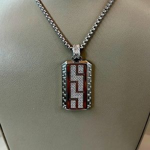 Mens Stainless Steel CZ Dog Tag Pendant Necklace With 24" Round Box Chain